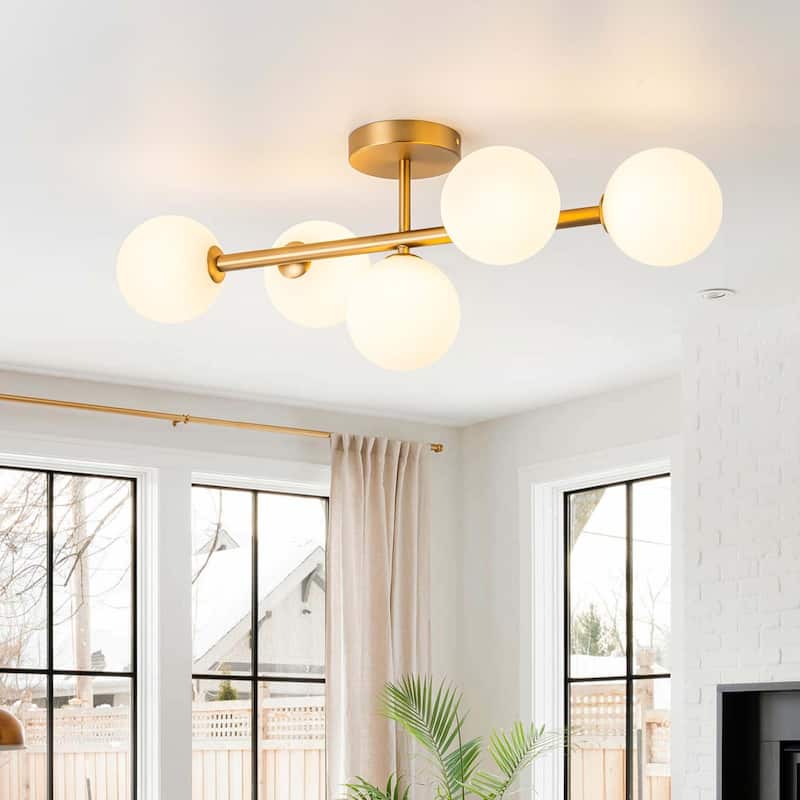5-Light Dimmable Semi Flush Mount Ceiling Light with Globe Opal Shade - W26.38"