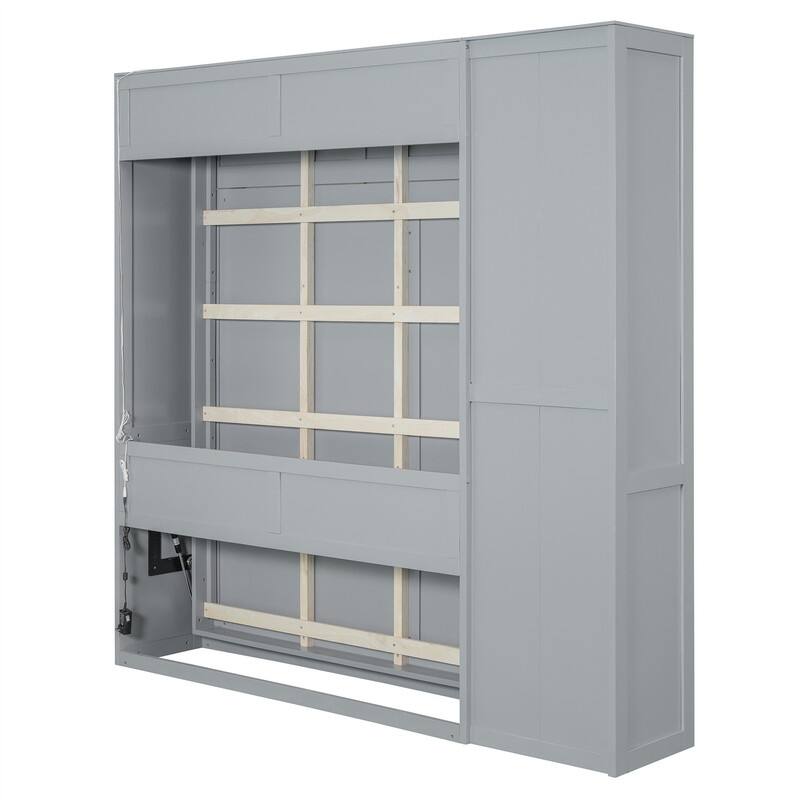 Full/Queen Size Murphy Bed Wall Bed with LED Lights and Storage Cabinet, Foldable Murphy Cabinet Bed with Open Storage Shelves