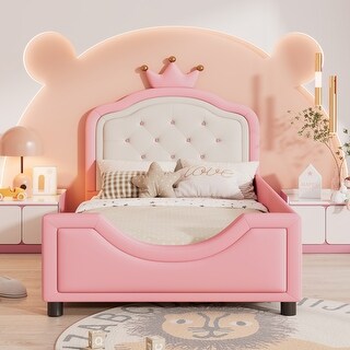 Cute Princess Twin Size Platform Bed with Upholstered Headboard