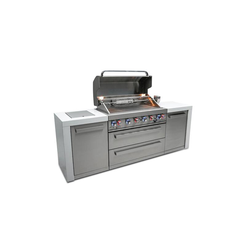 Mont Alpi Premium 94"W x 23"D Deluxe Stainless Steel Modular Outdoor Kitchen Island with Side Burner + 44"W 6-Burner BBQ Grill
