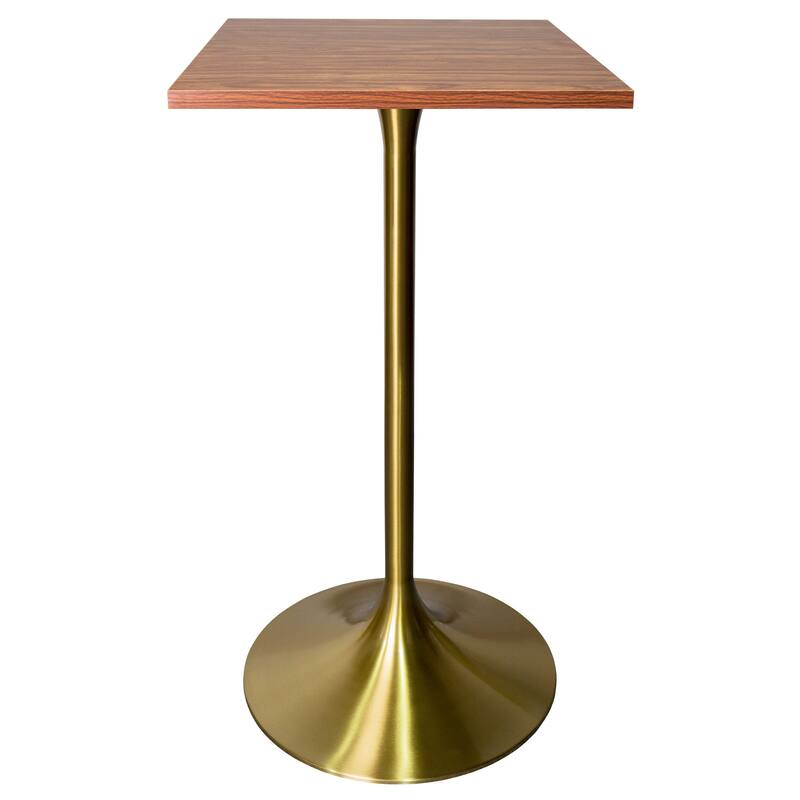 Verve 43 in. Tall Bar Height Dining Table Square MDF Wood Tabletop in Gold Stainless Steel Pedestal Base Accent Bar Table - Cognac Brown