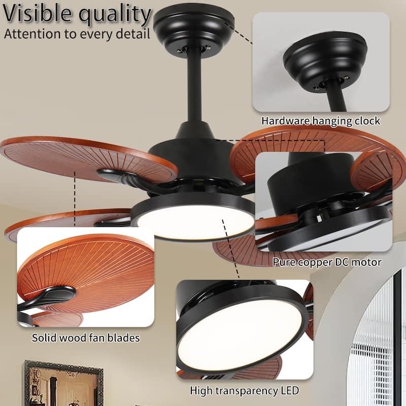 33-Inch Ceiling Fan with Light, 5 Solid Wood Blades, DC Motor, APP & Remote Control, Dimmable Full-Spectrum LED