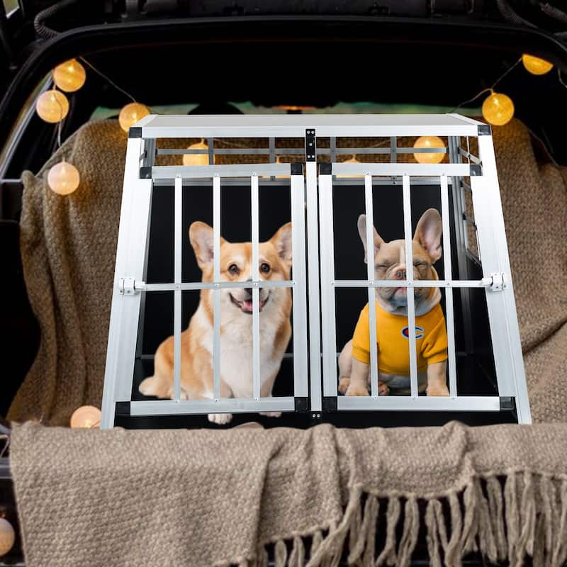 GDFStudio - Miller Aluminum Double Doors Travel Crate Trapezoidal Kennel Dog Cat Carrier Durable