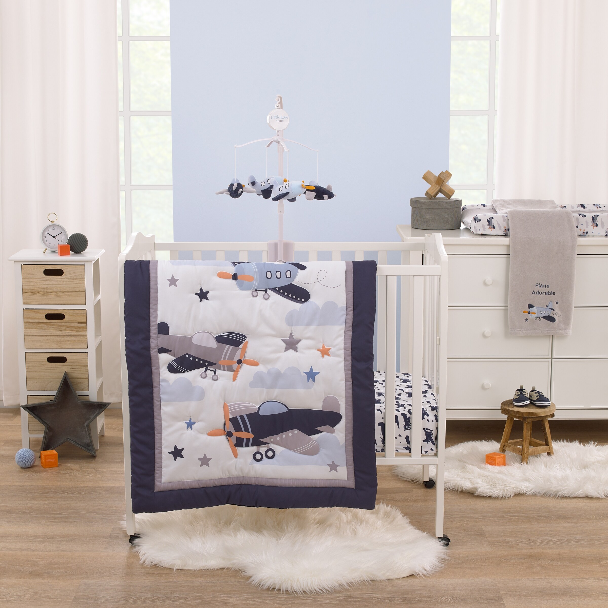 Little Love by NoJo Soar High Little One 3pc Mini Crib Set Navy Blue White Transportation