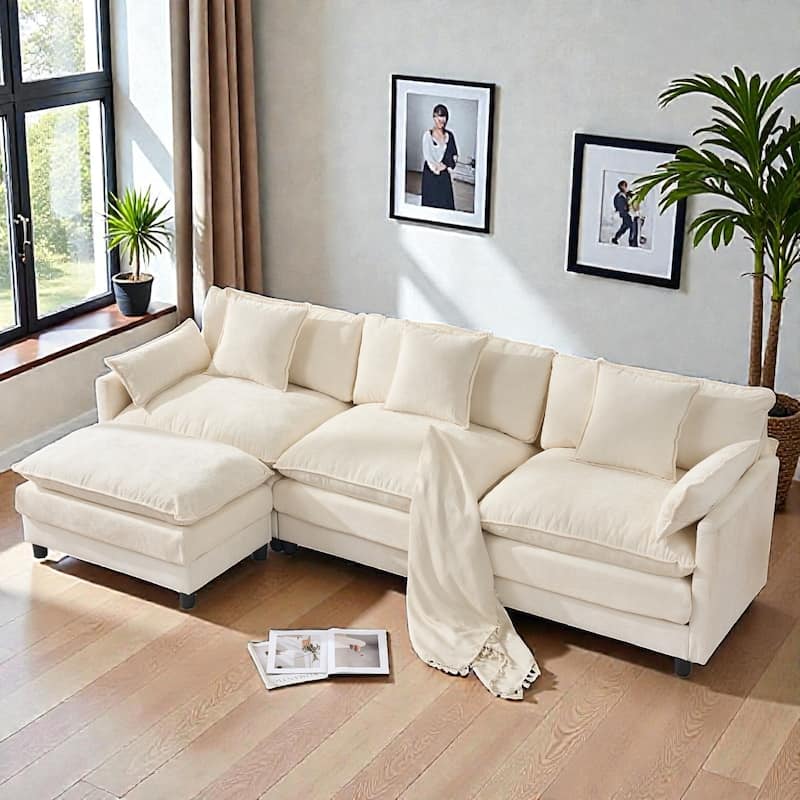 108 Inch L Shaped Modular Sectional Sofa, Chenille Cloud Couch with Ottoman, Deep Seat Modern Sofa