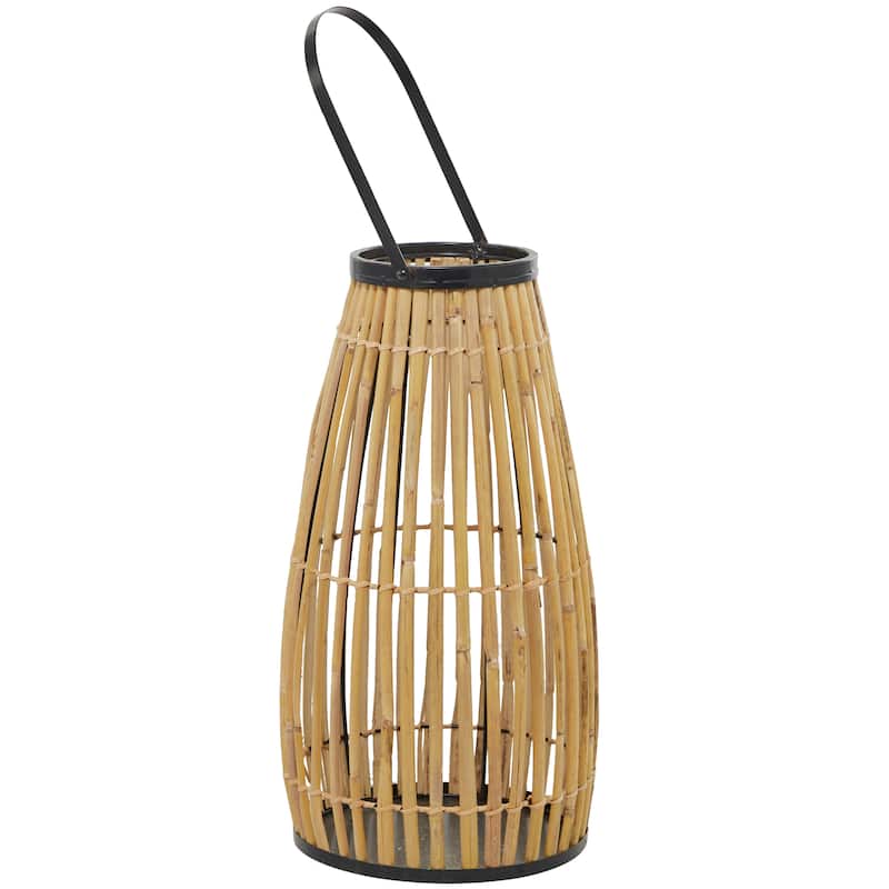 Brown Wicker Handmade Slatted Frame Decorative Candle Lantern with Handle