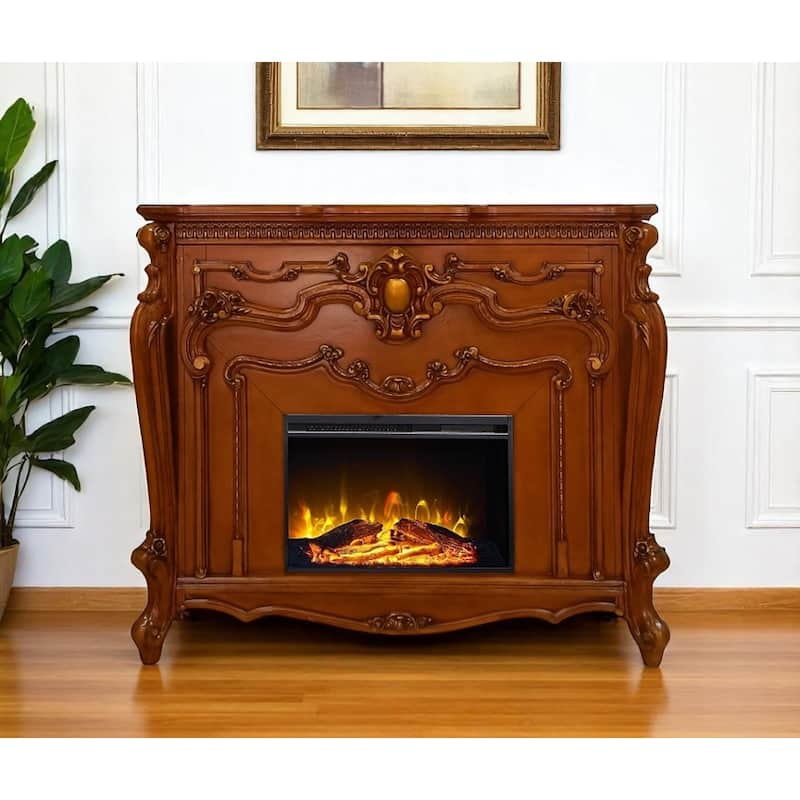 59" Brown Wood Ornate Carved Scrollwork Electric Fireplace With Mantle - Brown - Electric