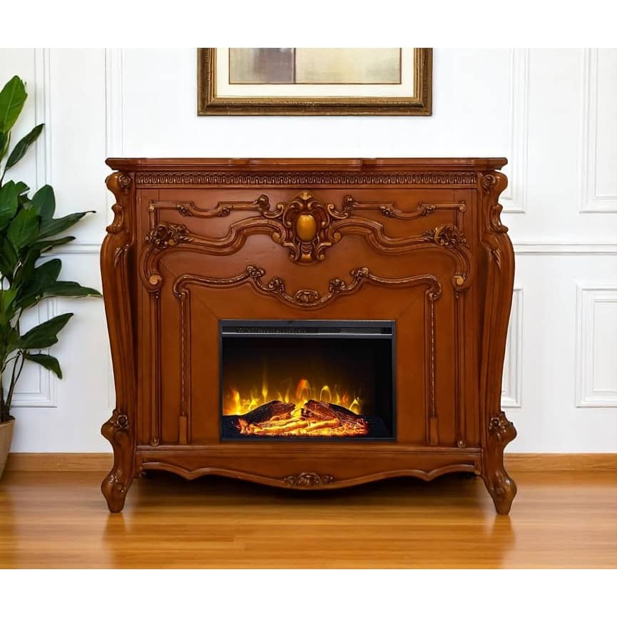 59" Brown Wood Ornate Carved Scrollwork Electric Fireplace With Mantle