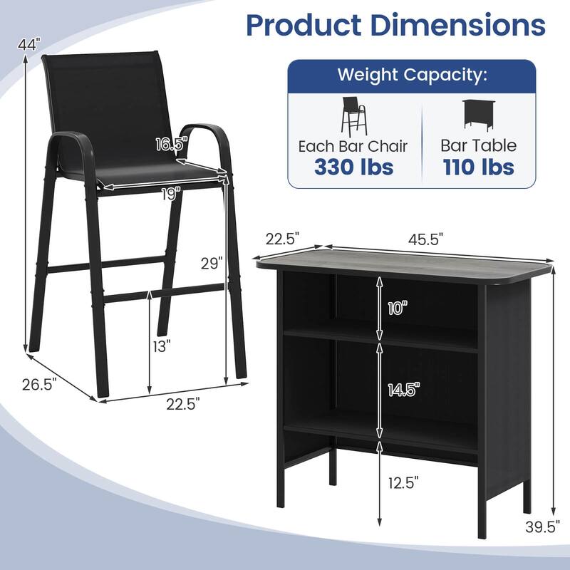 Costway 3 PCS Outdoor Bar Set Bar Height Table & Armchairs with - See Details