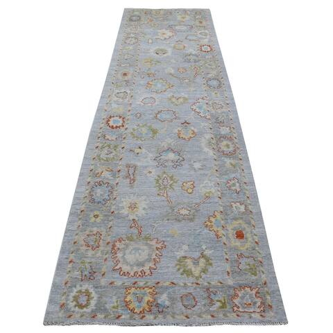 Hand Knotted Grey Oushak And Peshawar with Wool Oriental Rug (3'2" x 12') - 3'2" x 12'