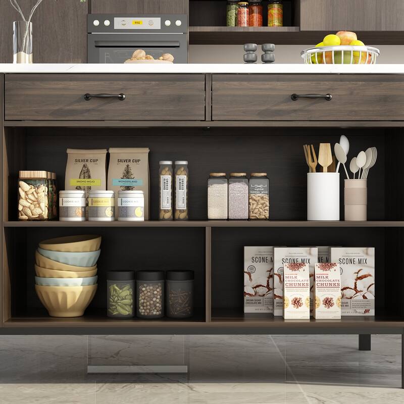 55.1"W Buffet Kitchen Island Cabinet with Open Shelves Two Drawers