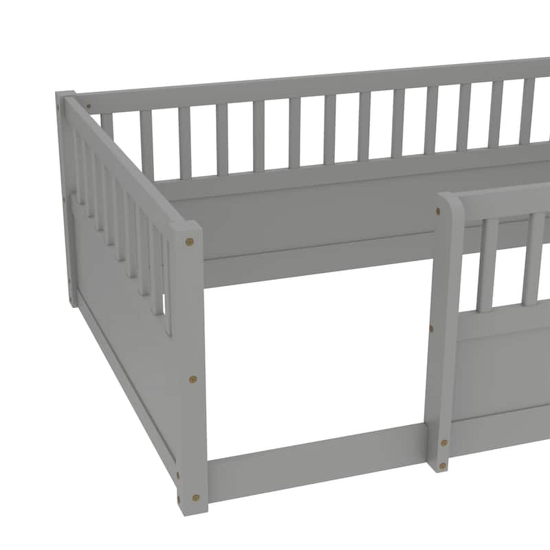 Montessori Toddler Floor Bed Child's Play Wood Bed Frame with High Fence and Open Door, No Slats - Twin Size or Full Size Option
