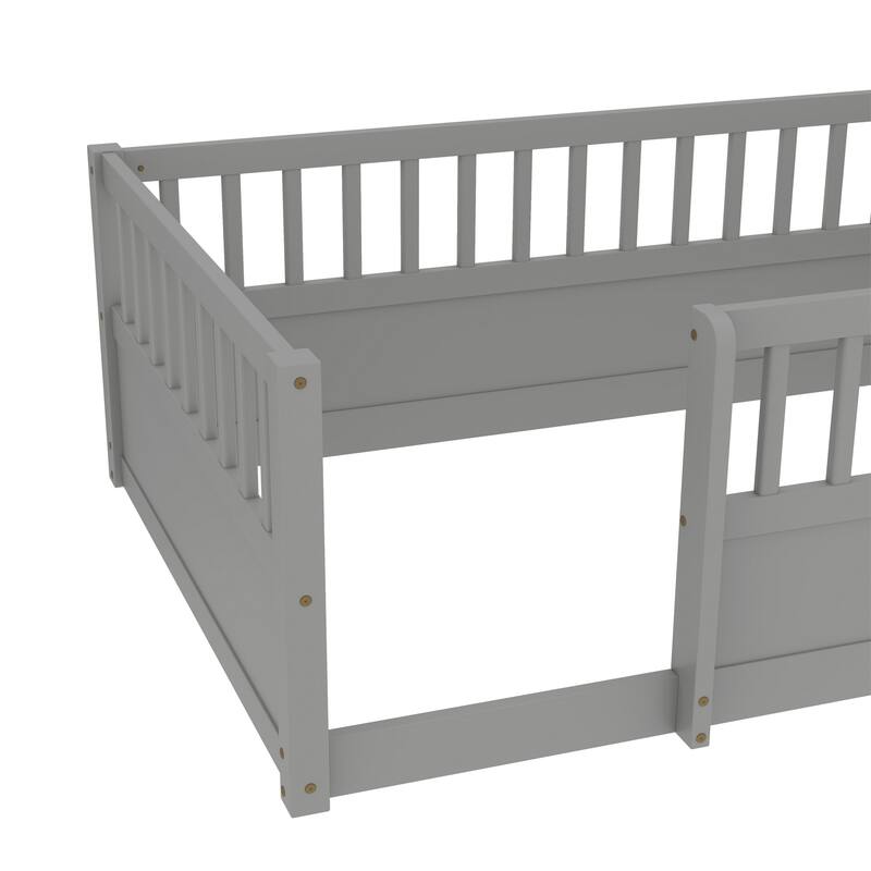 Montessori Twin Wooden Floor Bed with Safety Fence, Gray, for Kids Bedroom or Playroom