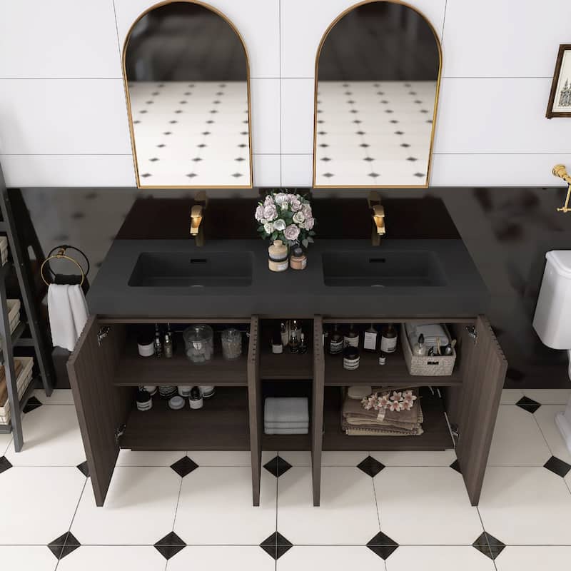 59.6'' Freestanding Bathroom Vanity with Black Integrated Solid Surface Sink in Smoked Oak - 59.49'' x 19.11'' x 36.45''