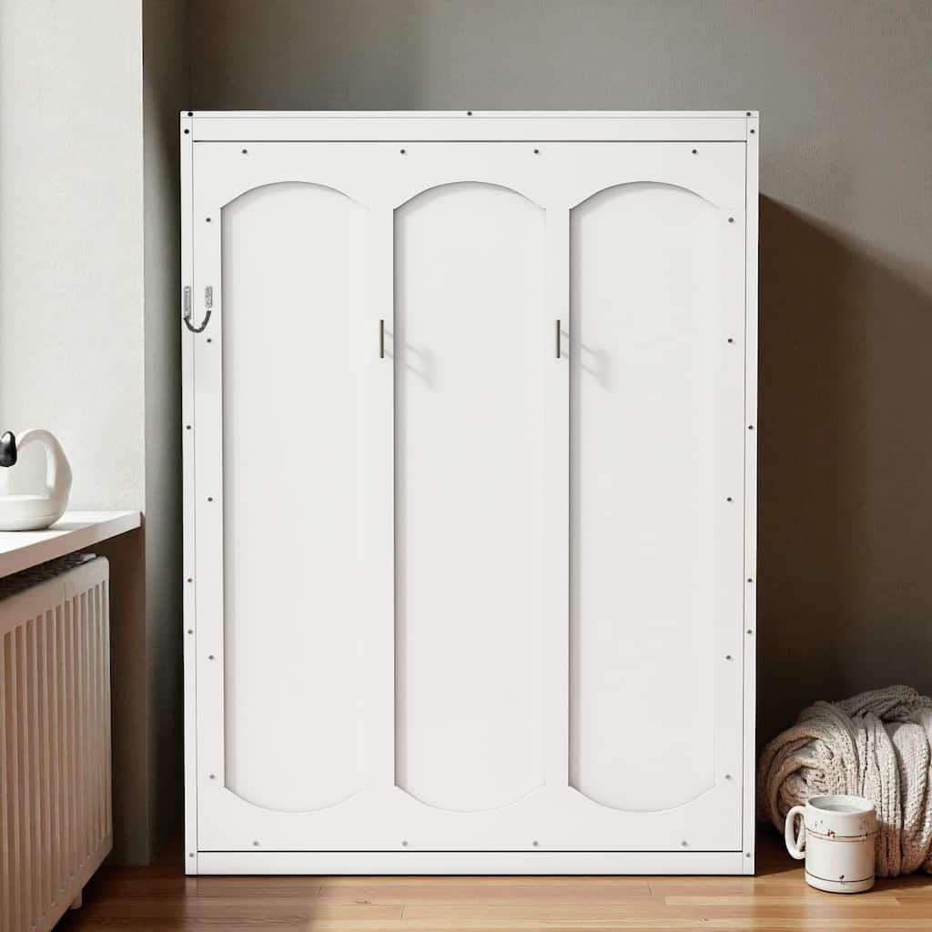 Full Size Murphy Wall Bed with Shelves, Foldable Bed with Slat Support and Storage Cabinet, Space-Saving Bedroom Furniture