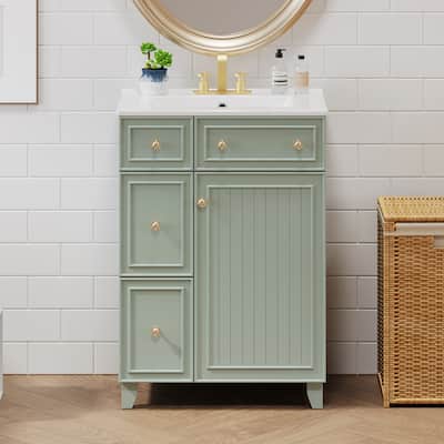 24 Inch Bathroom Vanity Cabinet with Ceramic Sink, 2 Drawers & Door, Bathroom Storage Cabinet Free-standing Single Sink Cabinet