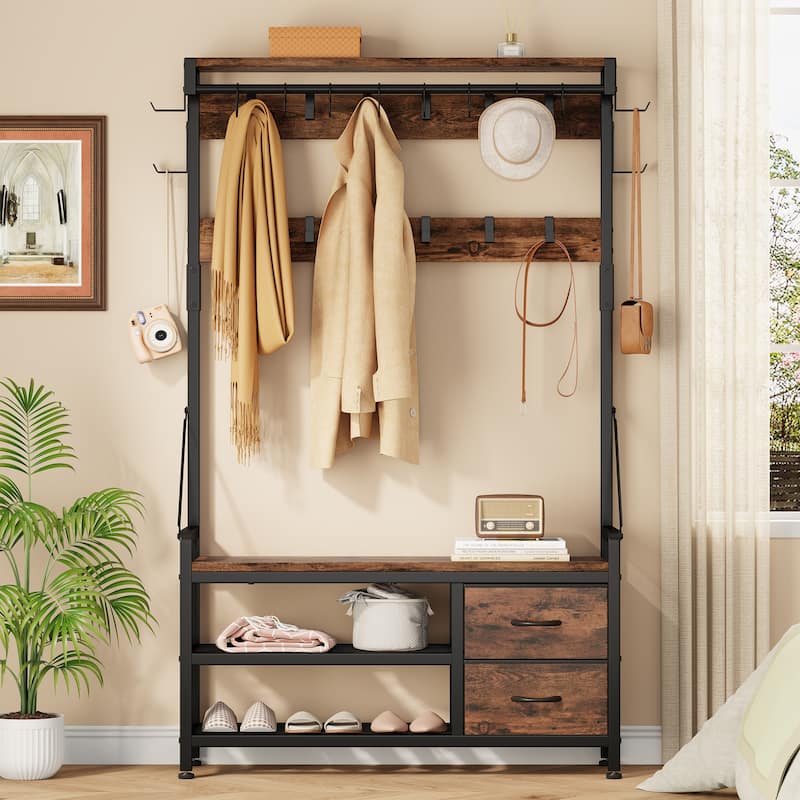 6-in-1 39.4"Hall Tree with Bench Entryway Shoe Rack w/24 Hooks & 2 Drawers