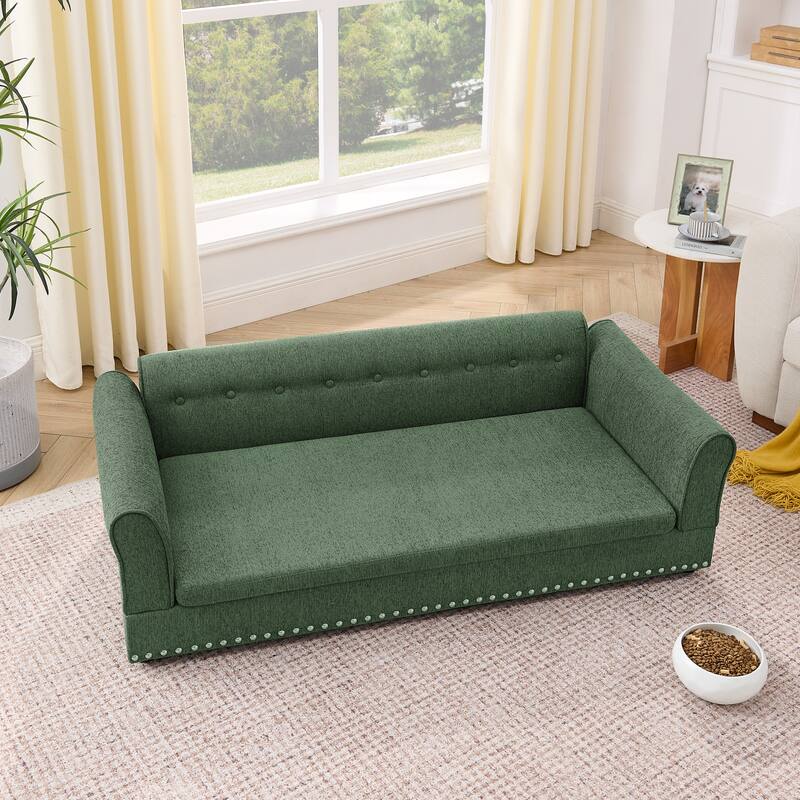 Oversized Pet Sofa, Elegant Modern Linen Fabric Elevated Dog Sofa Bed, Oversized Rectangular Pet Bed with Backrest & Armrest