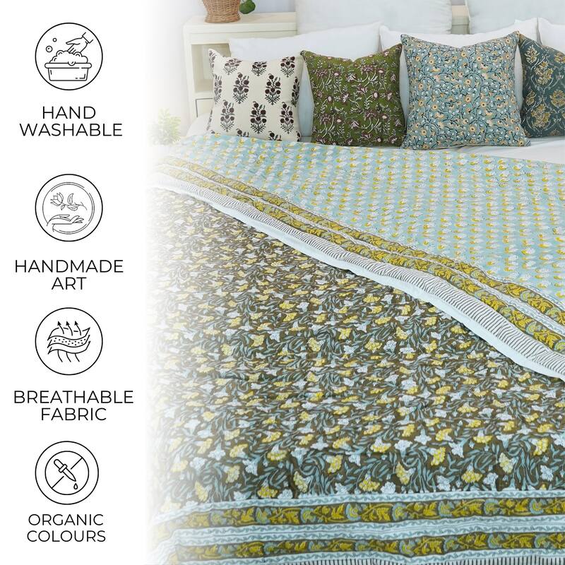 Fabdivine Hand Block Print Green Yellow Floral Organic Reversible Cotton Quilt - Natural Boho Decorative Bedding for Home Deco