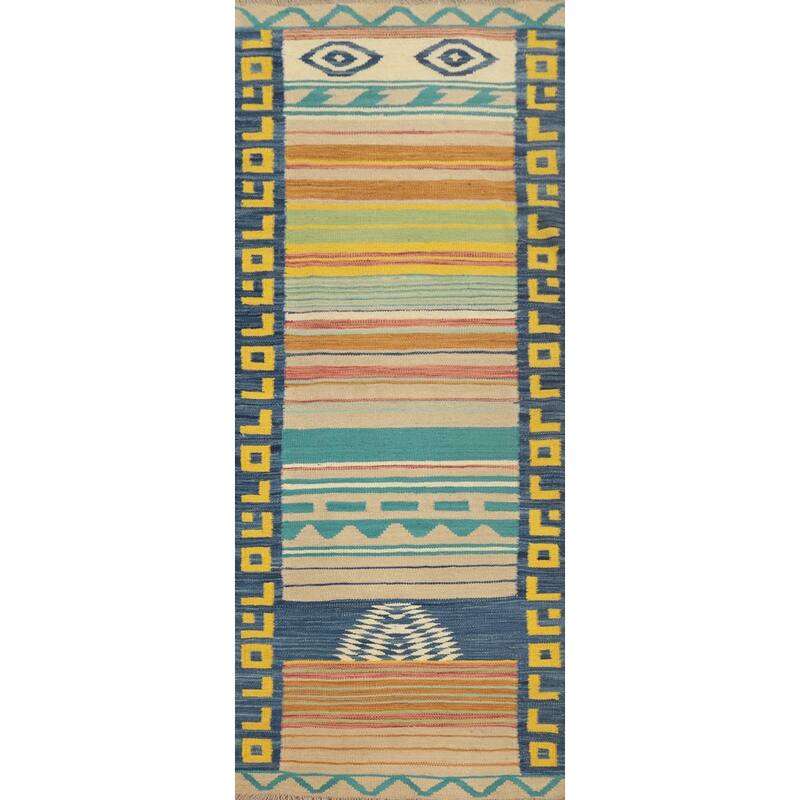 Hand Woven Oriental 100% Wool Carpet Southwestern Tribal Multi-Colored Kilim Runner Rug - 6' 0'' X 2' 2''