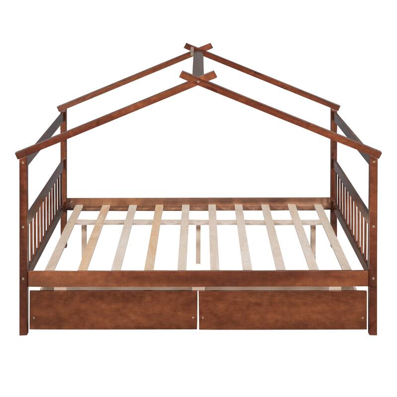Full Size Wooden House Bed with 2 Drawers, Pinewood Frame, Kids Daybed, No Box Spring Needed