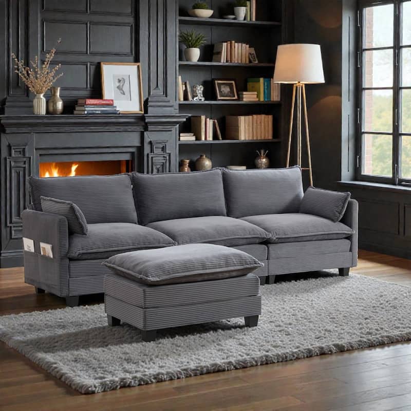 Oversized Modular Sectional Sofa with Ottoman, 102 Inch 4 Seat Corduroy L Shaped Couch for Living Room
