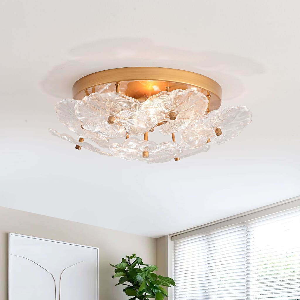 Jojospring Frieda Modern 3-Light 16" Brushed Brass Clear Glass Flower Flush Mount - 16 inches in diameter x 6 inches H