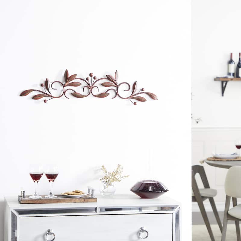 Metal Leaf Home Wall Decor with Scrolled Vine - Green or Red - Roche River Decor