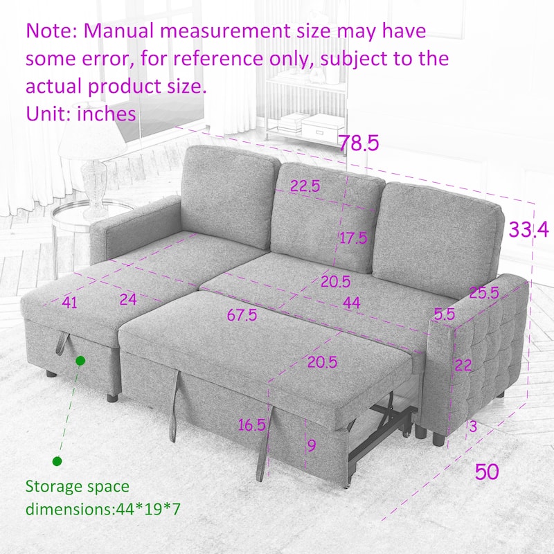 84" L-Shape Convertible Sleeper Sectional Sofa With Storage Chaise And