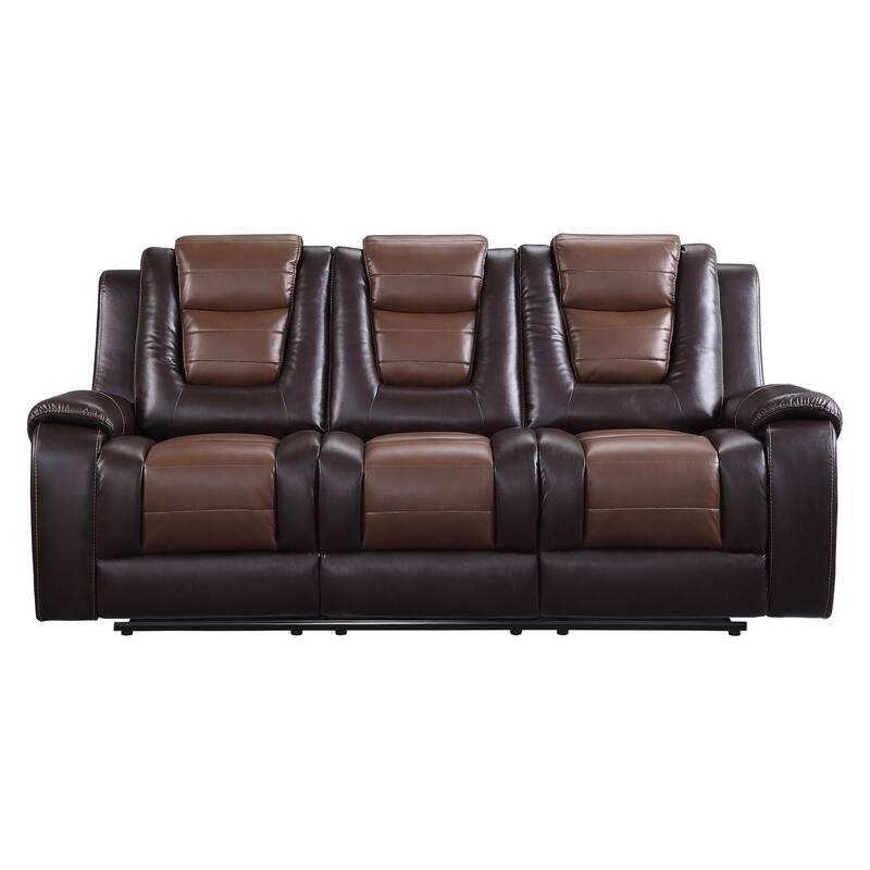 Istro 86 Inch Manual Recliner Sofa, Drop Down Table, Brown Faux Leather