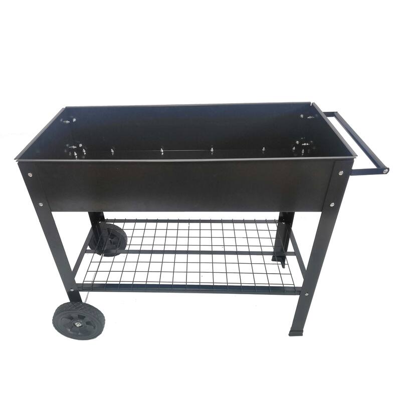 Metal Elevated Planter with Switchable Drainage Wheels and Storage Shelf for Patio or Balcony - 36.2”L x 16.7”W x 31.9”H