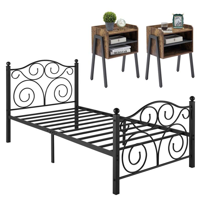 Taomika 3-Pieces Bedroom Sets with Black Bed Frame - Brown Nightstands - Twin