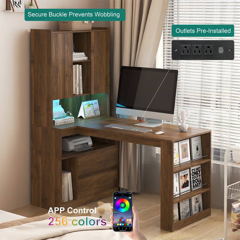 Roomfitters Modern L Shaped Computer Desk with Charger & LED Light, Corner Workstation with Drawers, Hutch Bookshelf