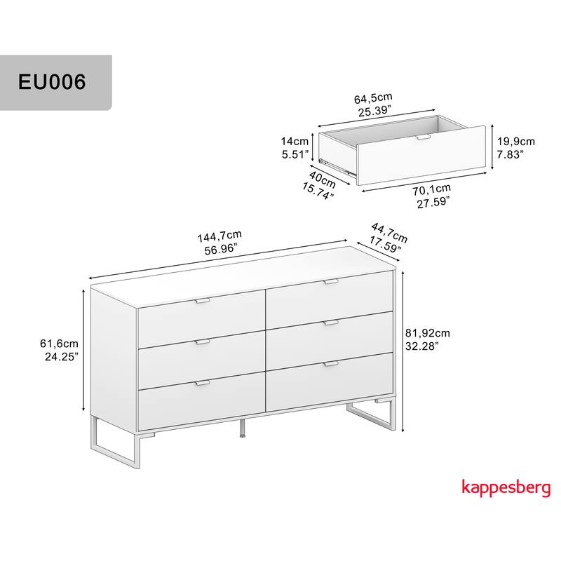 Kappesberg New Collins 2-Piece Bedroom Set, 6-Drawer Dresser and One 2-Drawer Nightstand