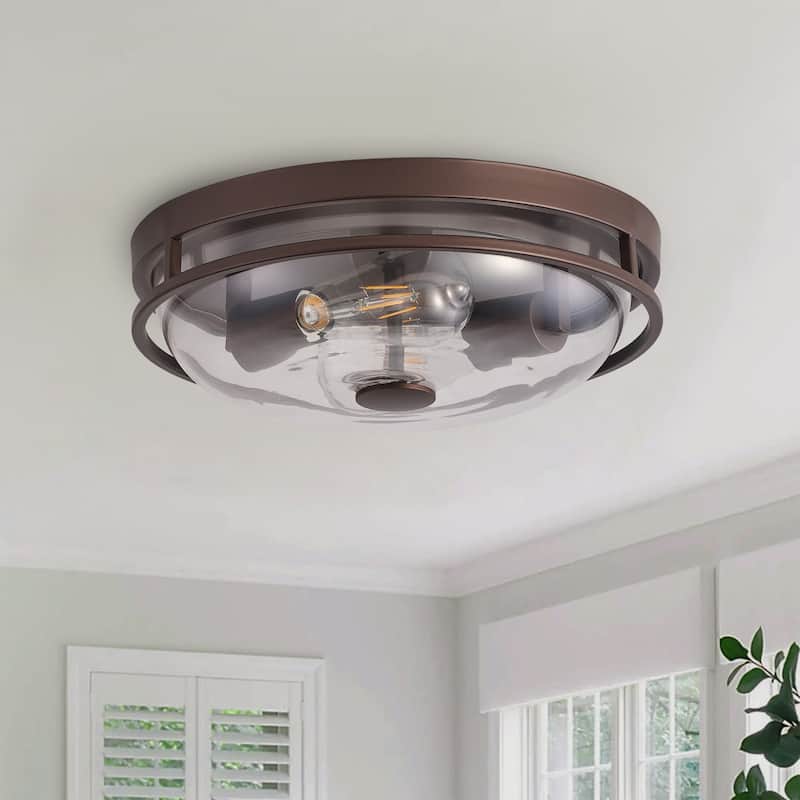 Farmhouse Rustic 2-Light Clear Glass Design Flush Mount Ceiling Lamp