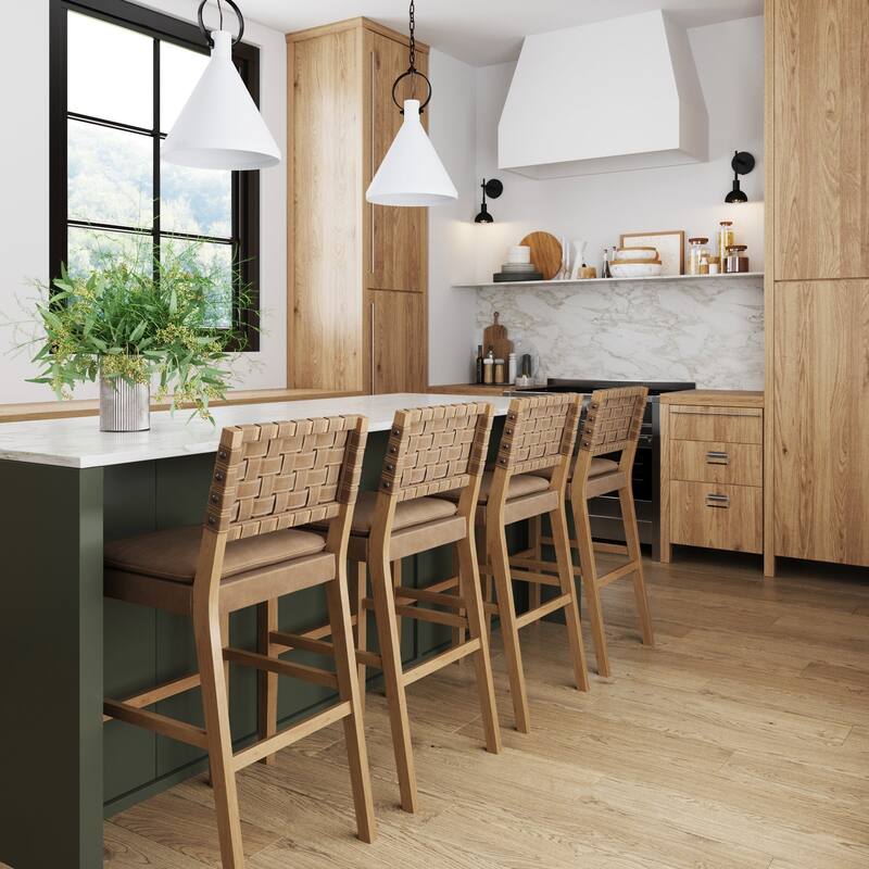 Nathan James Cohen Faux Leather Counter or Bar Height Stool, Solid Wood Frame with Footrest and Woven Leather Back