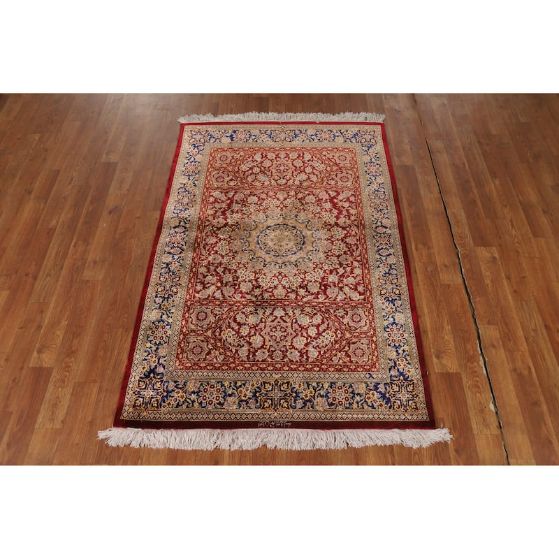 Hand Knotted Oriental Silk Carpet Traditional Floral Red Qum Area Rug - 4' 10'' X 3' 3''