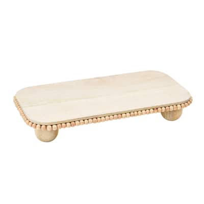 Mango Wood Pedestal with Wood Beads; Modern Footed Serving Tray / Decorative Wood Pedestal for Dessert Table, Natural Colored
