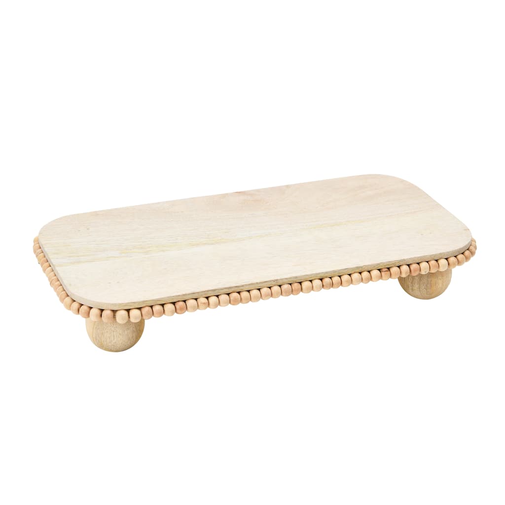 Mango Wood Pedestal with Wood Beads; Modern Footed Serving Tray / Decorative Wood Pedestal for Dessert Table, Natural Colored