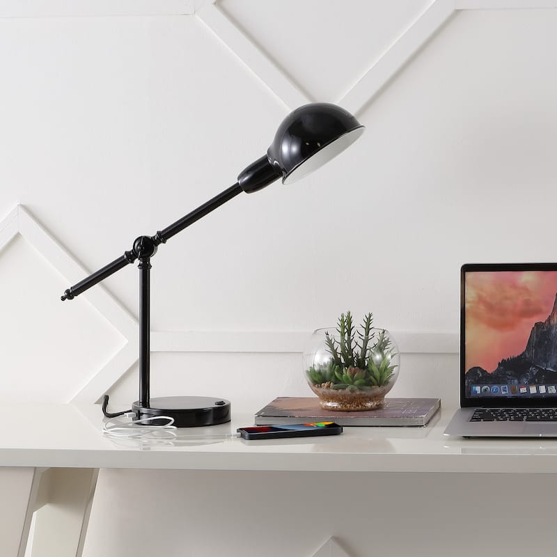 Allegra 20.25" Vintage Industrial Iron Adjustable Dome Shade LED Task Lamp with USB Charging Port, by JONATHAN Y