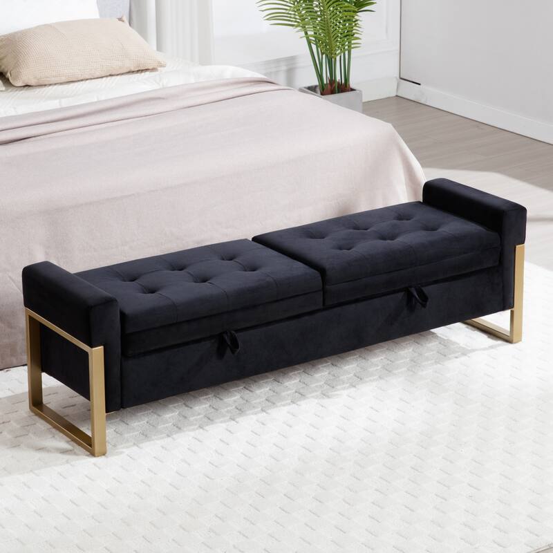 66" Storage Bench King Size End of Bed with Double Lids and Gold Legs - Black - Velvet