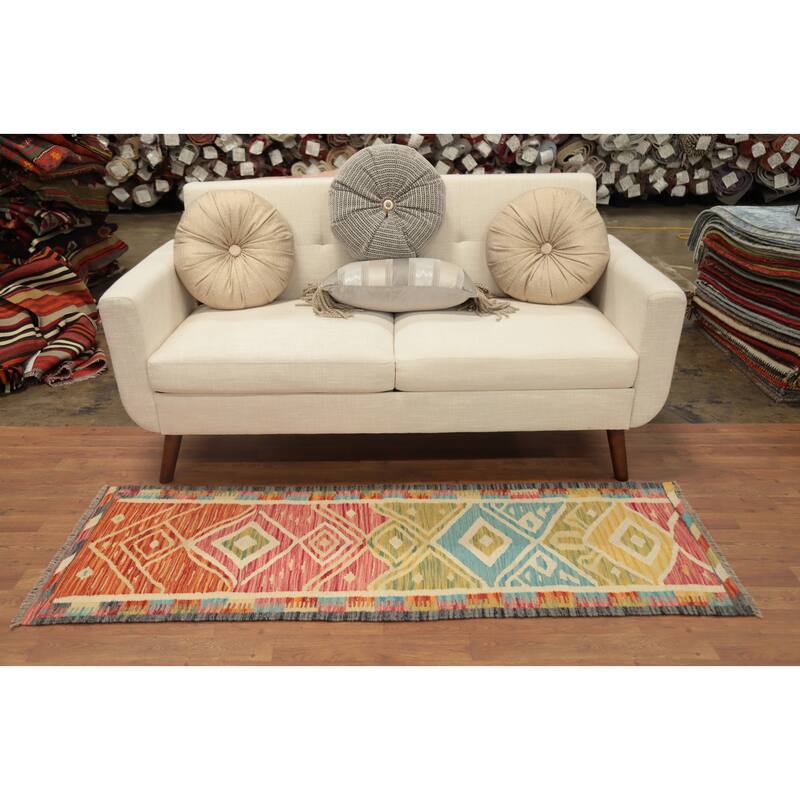 Hand Woven Oriental 100% Wool Carpet Southwestern Tribal Multi-Colored Kilim Runner Rug - 5' 9'' X 2' 0''