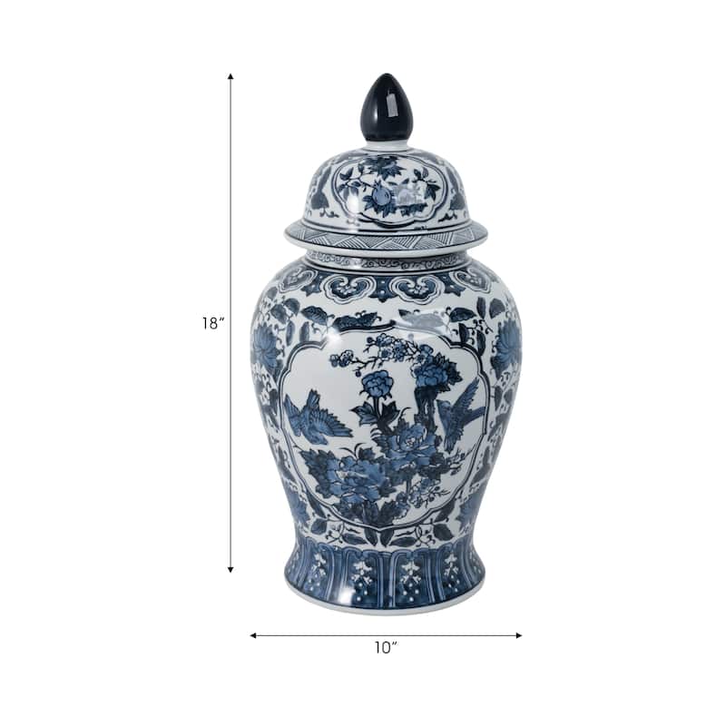 Ceramic Chinoiserie Floral Decorative Temple Jar - Blue 18"