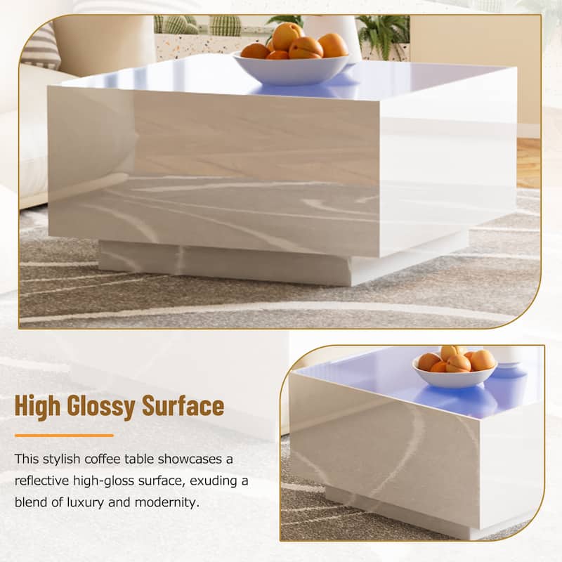 Square High Glossy Coffee Table with LED Strip Lights and Tempered Glass Top
