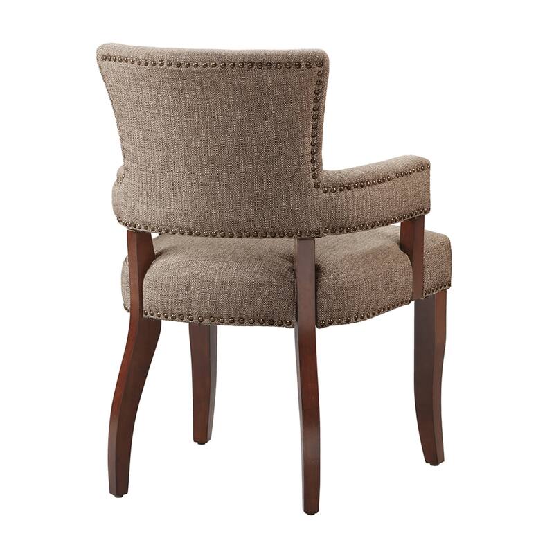 Roomfitters Arm Dining Chair, Faux-Textured Brown Upholstery with Brass Nailhead Trim and Espresso Birch Legs