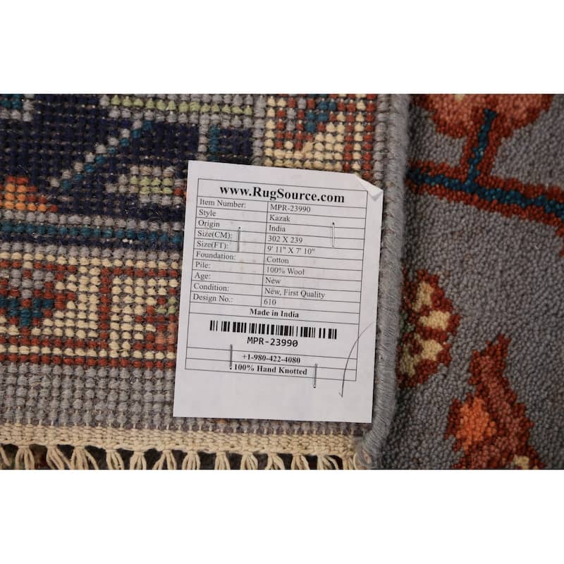 Gray Blue Geometric Kazak Indian Area Rug Handmade Wool Carpet - 7'10"x 9'11"