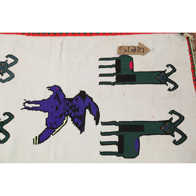 Animals Tribal Kilim Persian Vintage Foyer Rug Hand-Woven Wool Carpet - 2'10"x 4'3"