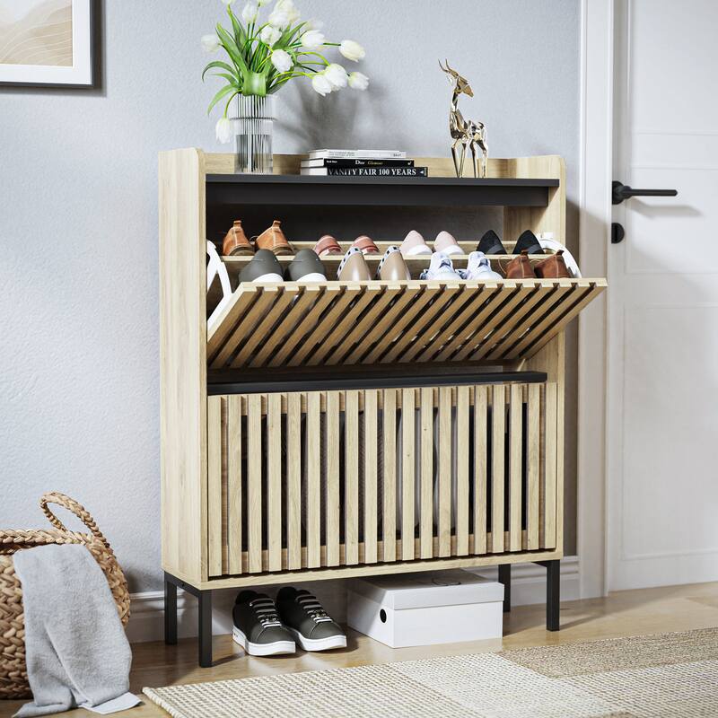 Shoe Storage Cabinet with 2 Fluted Flip Doors, Freestanding Entryway Organizer, Slim Shoe Rack with Metal Legs