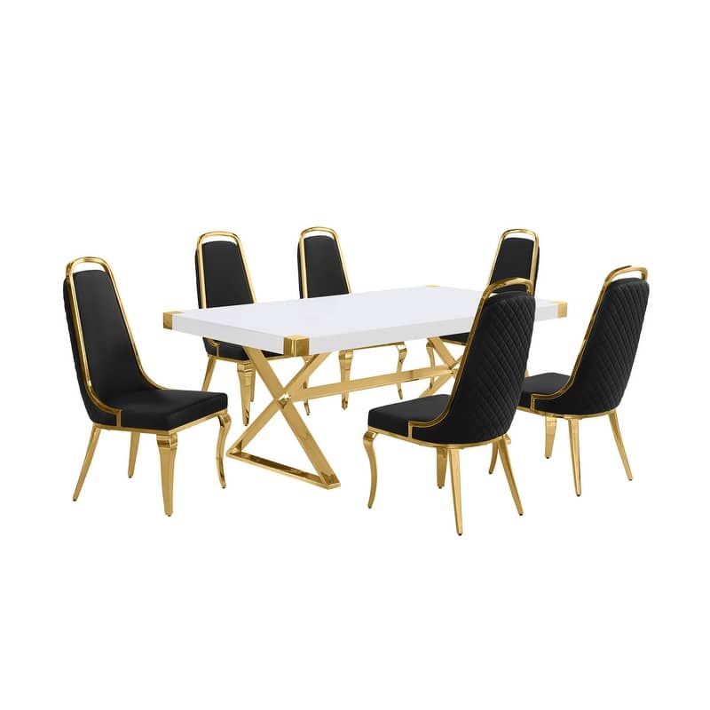 Best Quality Furniture D440/1-SC310-7 Dining Set with 78" White Lacquer Wood Top