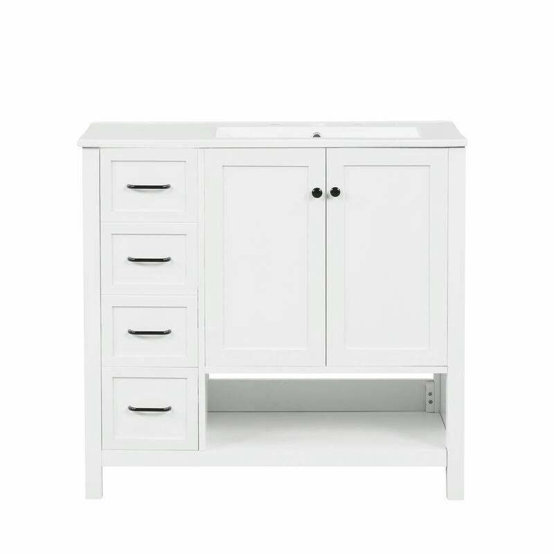 36" Bathroom Vanity - Sink Top, Two Doors, Two Drawers, and Open Shelf